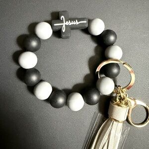 Black and Gray Beaded Bracelet with Tassel